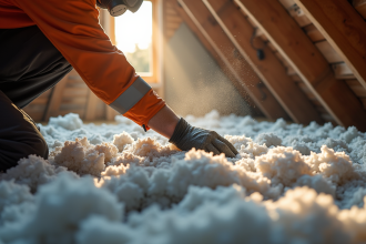 Travailleur installant de la cellulose dans un grenier avec lumière naturelle