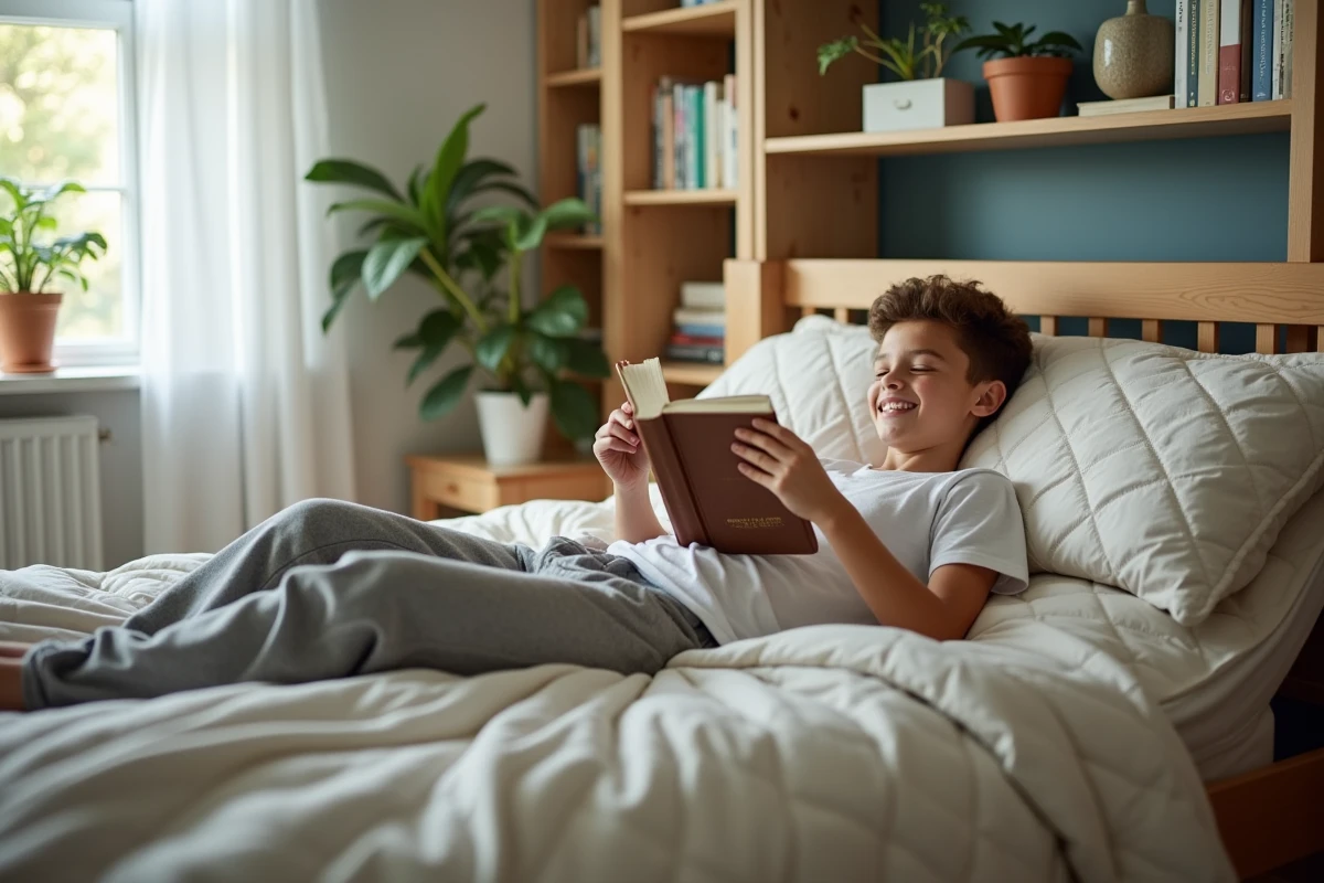 Adolescent lisant sur clic clac avec housse matelassee