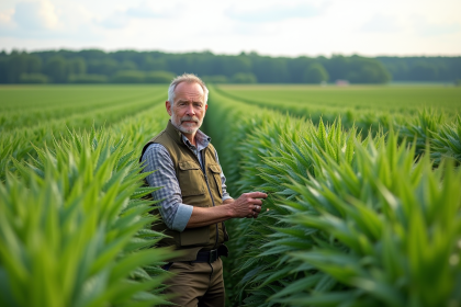 Agronome au champ de chanvre mature en plein air