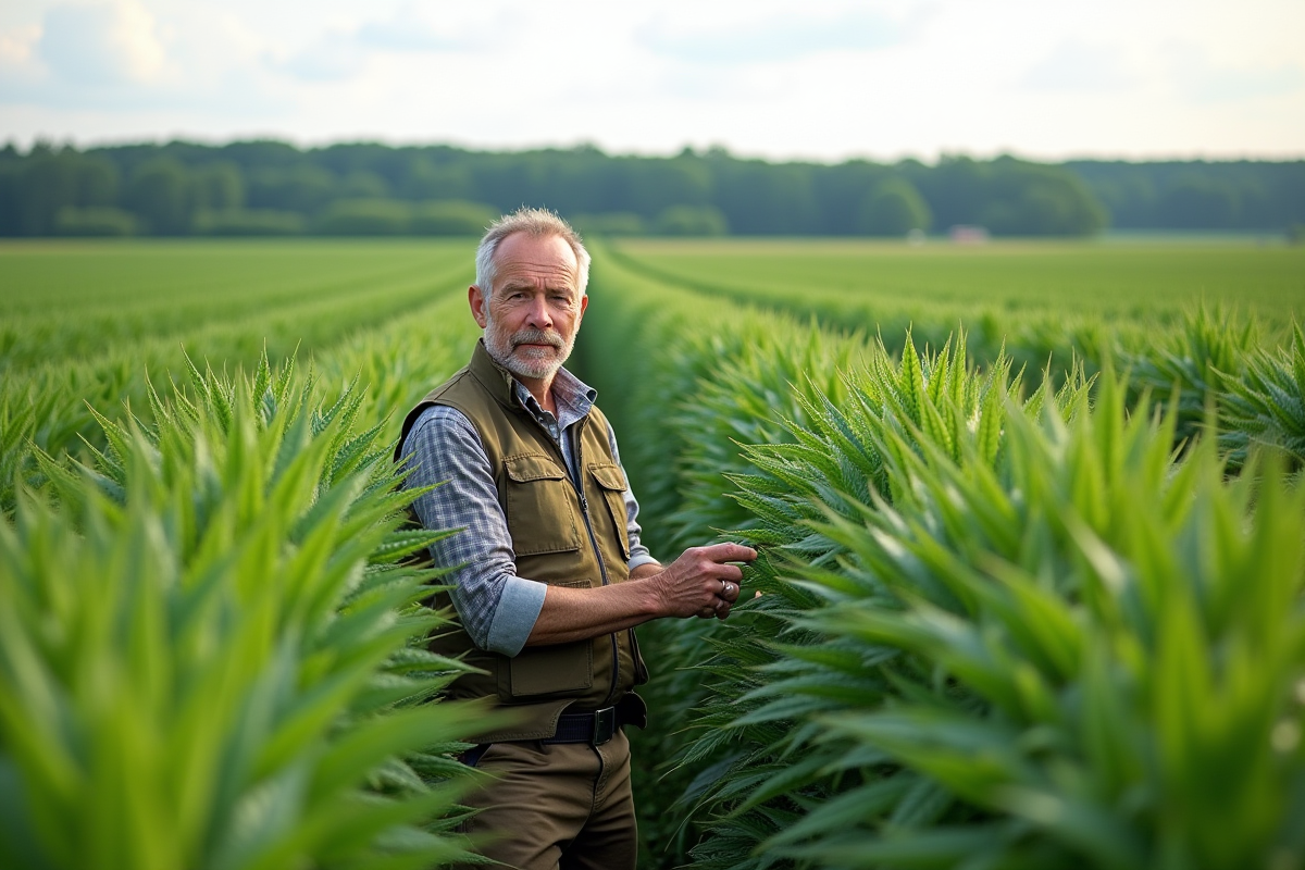 Agronome au champ de chanvre mature en plein air