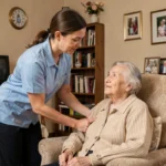 Aide ménagère accompagnant une personne âgée à domicile dans un appartement français