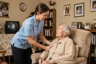 Aide ménagère accompagnant une personne âgée à domicile dans un appartement français