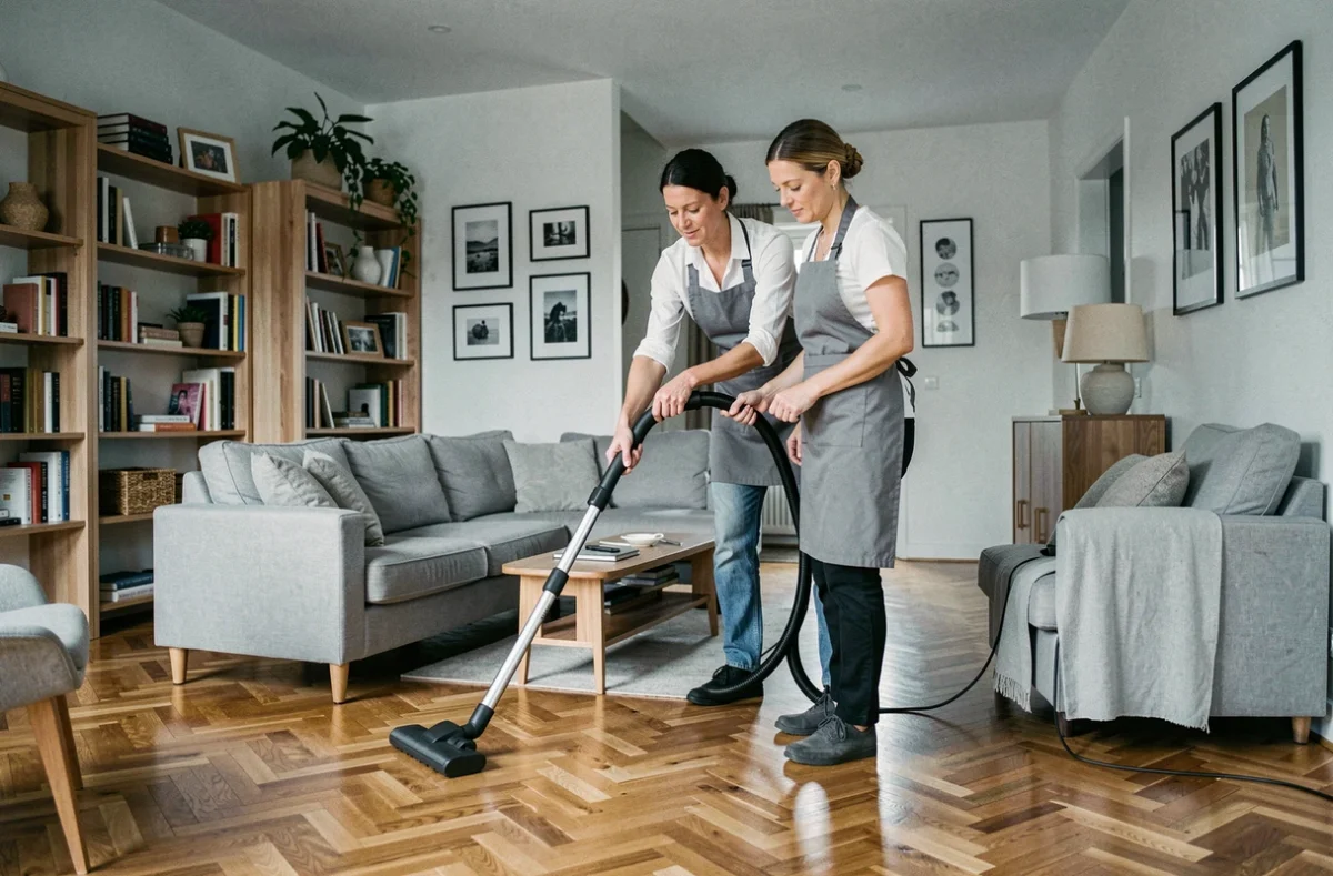 Professionnelle du ménage passant l'aspirateur dans un salon moderne avec parquet dans un appartement de Courbevoie