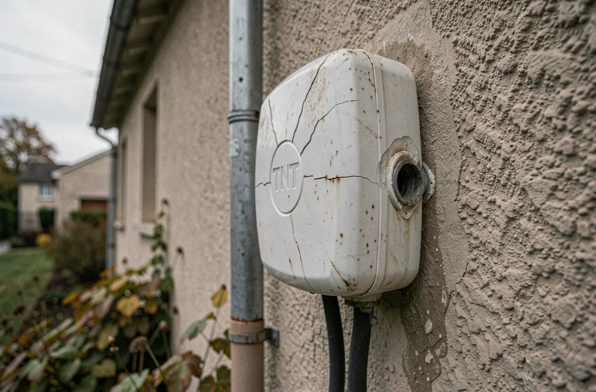 Gros plan sur un amplificateur TNT extérieur endommagé avec fissures et traces d'humidité sur une façade de maison