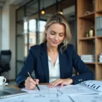 Femme professionnelle qui analyse un devis travaux pour constituer un dossier bancaire solide
