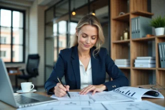 Femme professionnelle qui analyse un devis travaux pour constituer un dossier bancaire solide