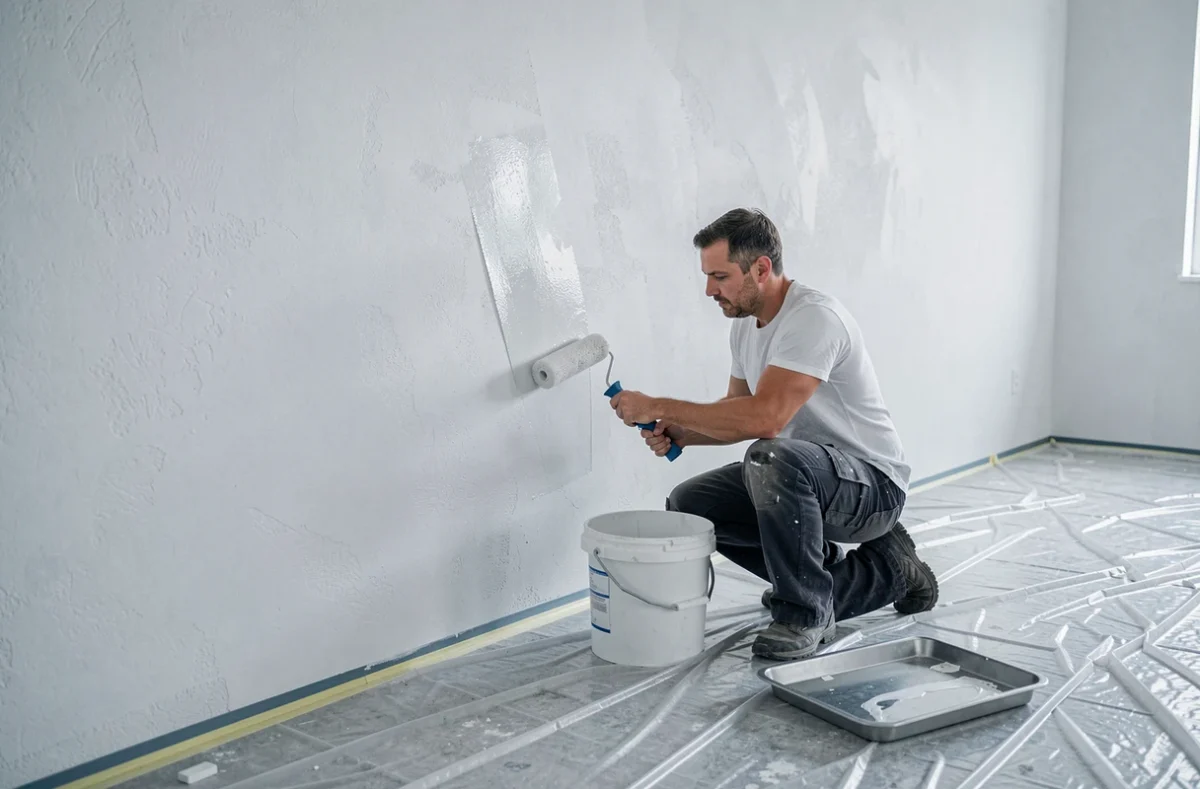 Homme appliquant une sous-couche d'apprêt sur un grand mur avant la pose d'un revêtement autocollant