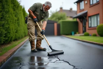 Professionnel appliquant un enrobé sur une allée résidentielle pour couvrir les fissures existantes