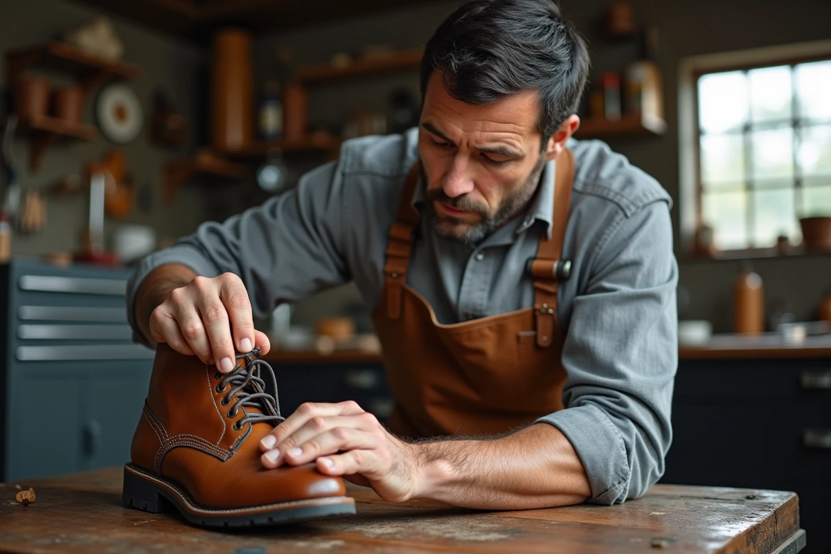 Homme appliquant de la graisse sur une botte en cuir gras fauve dans un atelier, entretien artisanal du cuir