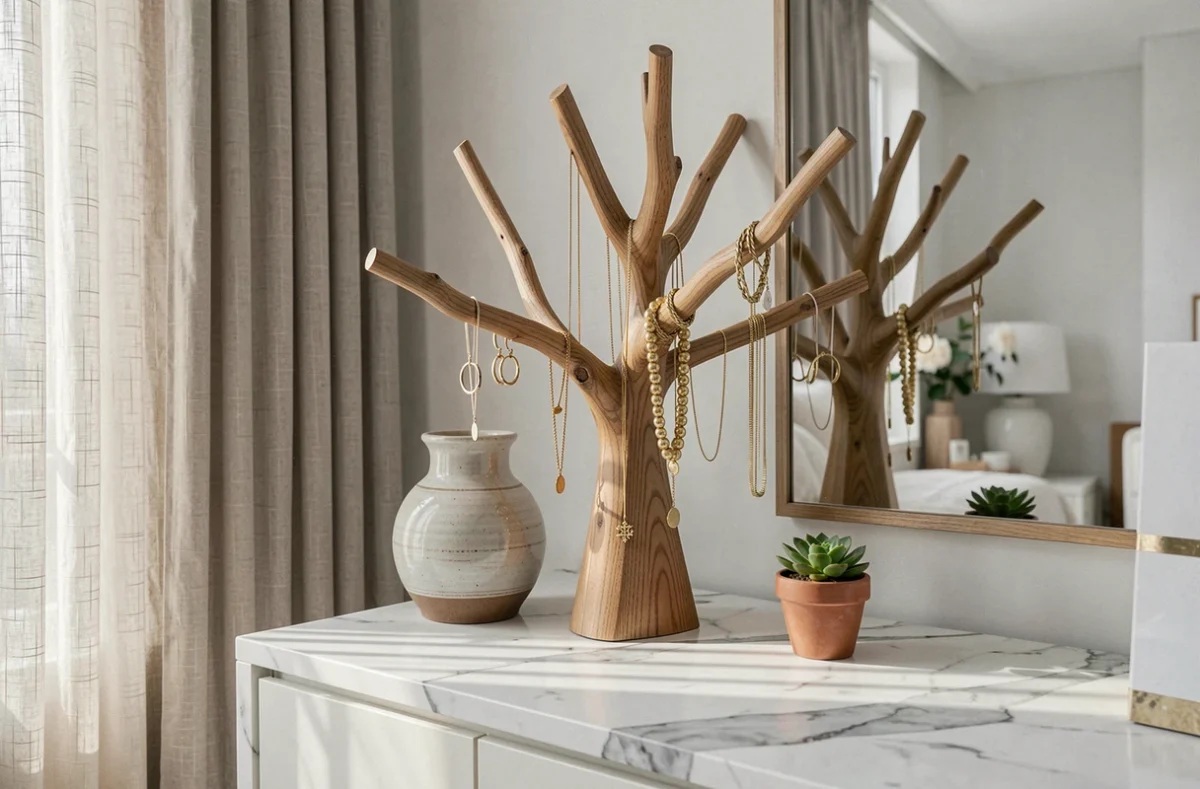 Arbre à bijoux en bois naturel sur une commode en marbre avec colliers dorés dans une chambre contemporaine