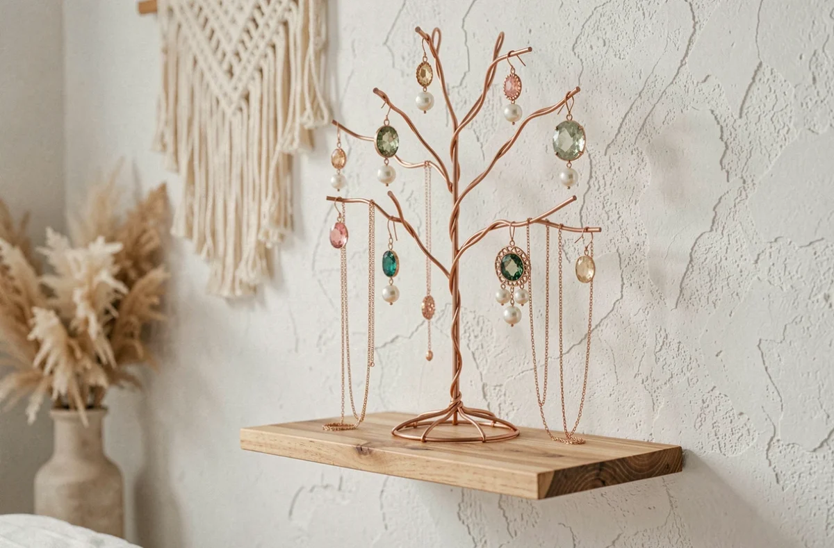 Arbre à bijoux en fil de cuivre rosé sur une étagère murale dans une chambre bohème avec colliers et pendentifs