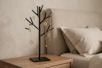 Arbre à bijoux en métal noir avec colliers et bagues posé sur une table de chevet en bois dans une chambre élégante