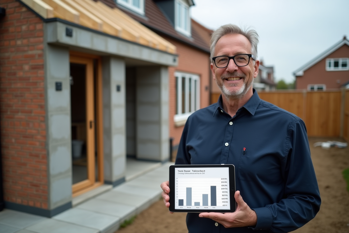 Architecte avec tablette sur chantier de maison en construction