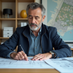 Homme d'âge moyen examinant des plans d'urbanisme dans un bureau