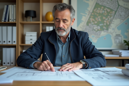 Homme d'âge moyen examinant des plans d'urbanisme dans un bureau