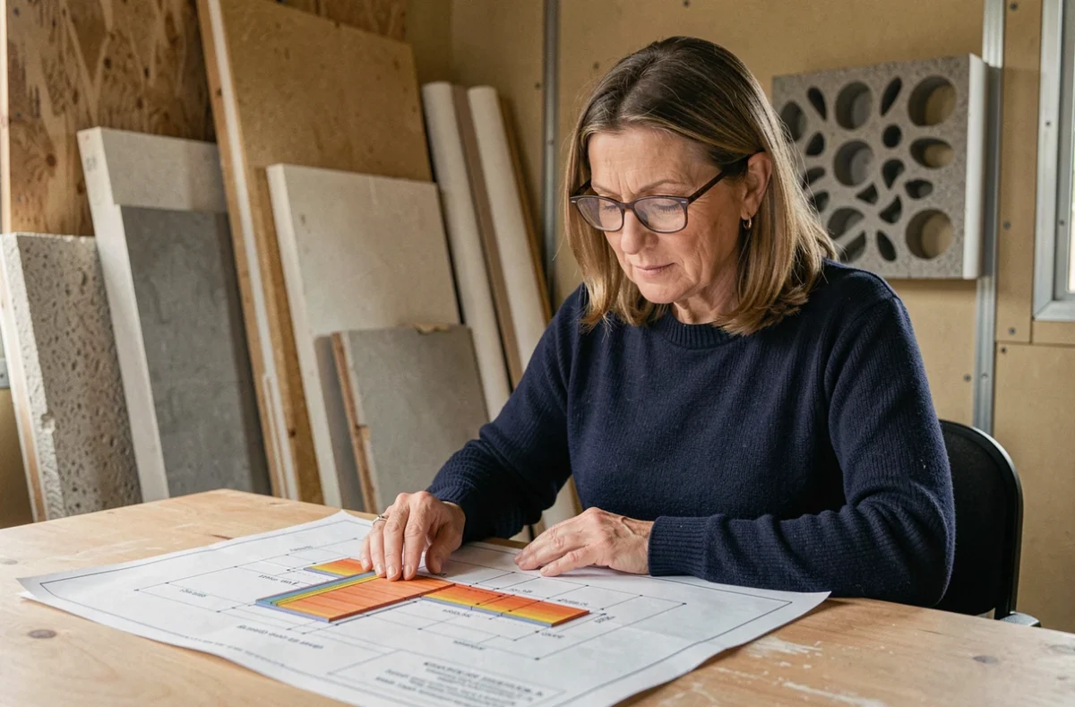 Architecte analysant les données de résistance thermique d'un mur en siporex 20 cm dans un bureau de chantier