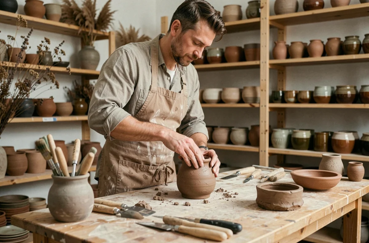 Artisan façonnant un vase en grès à la main dans un atelier de céramique artisanale avec des étagères de pièces finies en arrière-plan