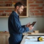 Artisan en tenue de travail consultant un plan de rénovation sur tablette dans une cuisine en cours de travaux