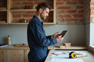 Artisan en tenue de travail consultant un plan de rénovation sur tablette dans une cuisine en cours de travaux