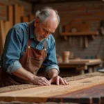 Artisan ébéniste examinant la qualité du grain d'une planche de bois exotique en palissandre dans un atelier traditionnel