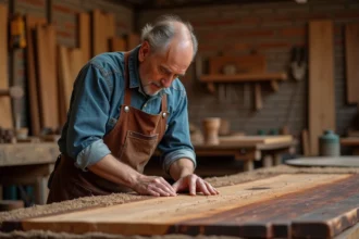 Artisan ébéniste examinant la qualité du grain d'une planche de bois exotique en palissandre dans un atelier traditionnel