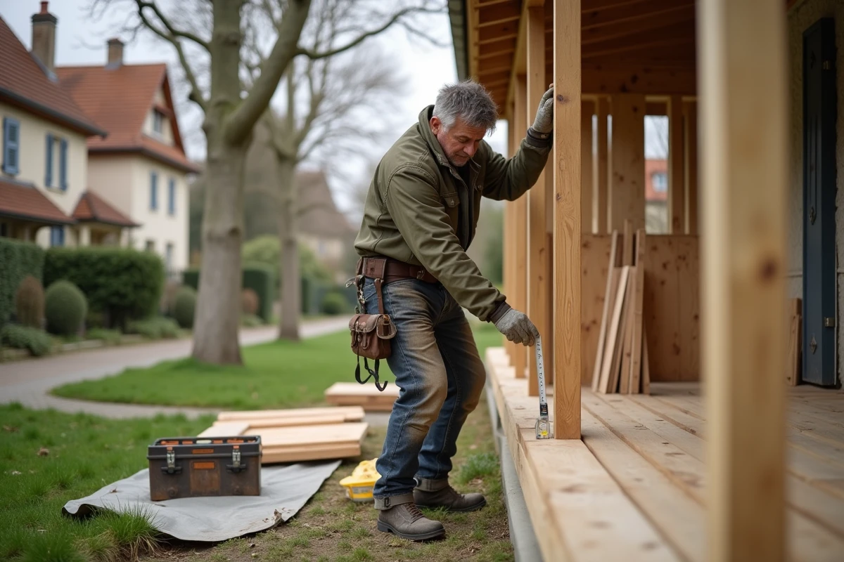 Artisan local installant une structure en bois pour une véranda sur une maison de banlieue française avec outils de menuiserie