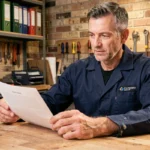 Artisan professionnel examinant un devis imprimé dans son atelier, illustrant la transparence et la fiabilité des devis en ligne sur Artisan-en-1-clic.fr