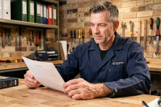 Artisan professionnel examinant un devis imprimé dans son atelier, illustrant la transparence et la fiabilité des devis en ligne sur Artisan-en-1-clic.fr