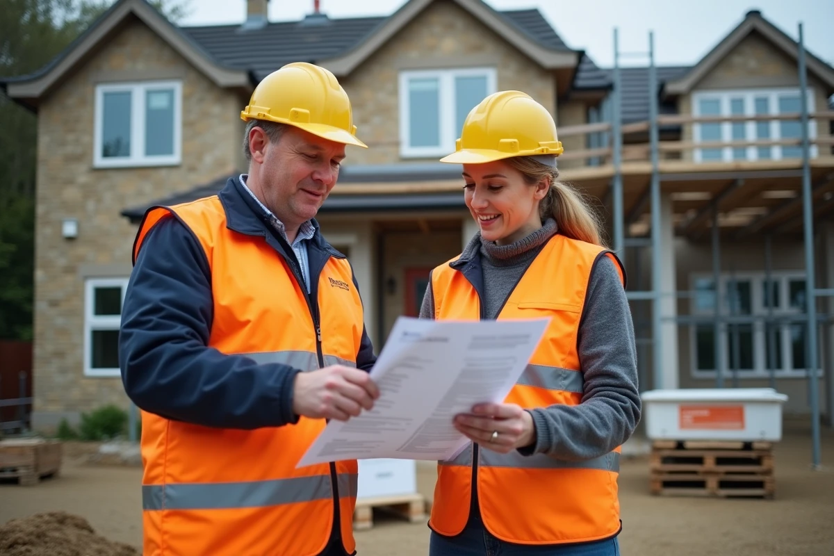 Deux artisans en gilet haute visibilité examinant des devis devant une façade de maison en rénovation