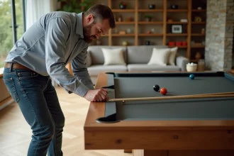 Homme moyenâgeux assemble un billard Chevillotte dans un salon moderne