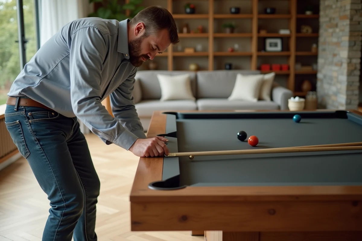 Homme moyenâgeux assemble un billard Chevillotte dans un salon moderne