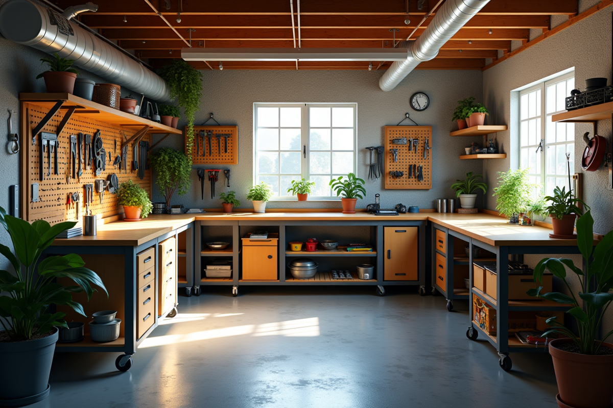 Espace atelier organisé dans un sous-sol lumineux