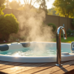 Bain moderne sur terrasse en bois dans un jardin lumineux