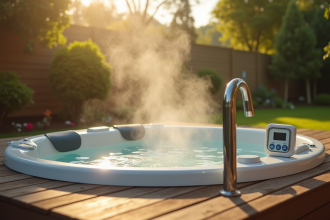 Bain moderne sur terrasse en bois dans un jardin lumineux