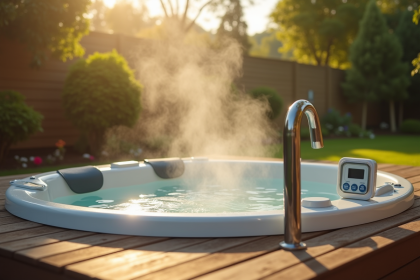 Bain moderne sur terrasse en bois dans un jardin lumineux