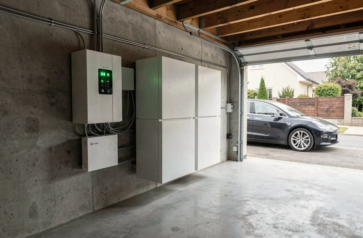 Système de stockage d'énergie par batteries domestiques installé dans un garage pour maximiser l'autoconsommation solaire