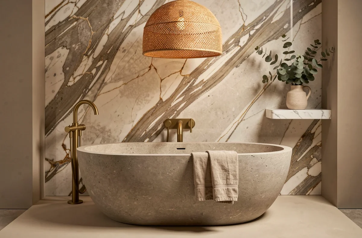 Showroom Beaux Bains présentant une baignoire ovale en pierre de résine avec mur en marbre et robinetterie dorée
