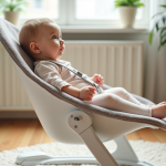 Bebe fille en bouncer dans un salon cosy et moderne