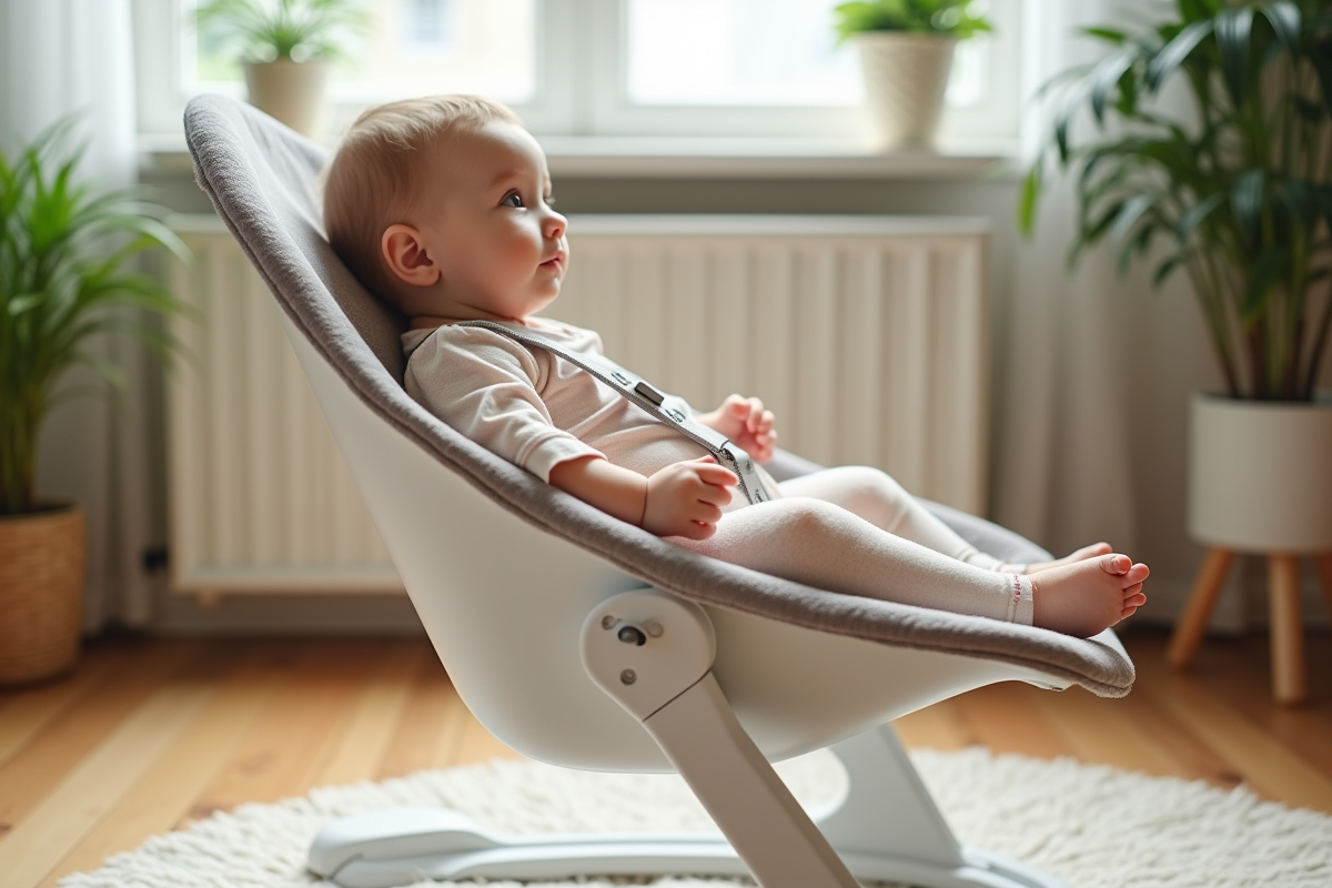 Bebe fille en bouncer dans un salon cosy et moderne