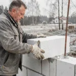 Ouvrier manipulant un bloc de siporex de 20 cm sur un chantier de construction en zone froide