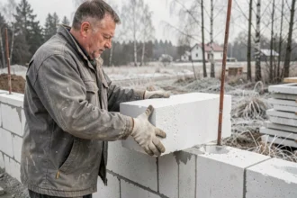 Ouvrier manipulant un bloc de siporex de 20 cm sur un chantier de construction en zone froide