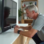 Homme branchant un câble coaxial derrière une télévision murale dans un salon moderne