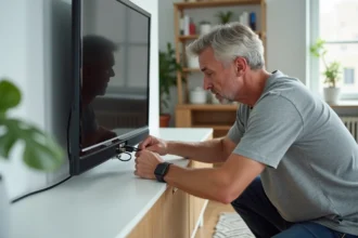 Homme branchant un câble coaxial derrière une télévision murale dans un salon moderne