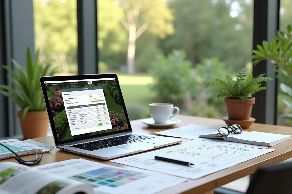 Espace de travail avec ordinateur et échantillons pour aménagement