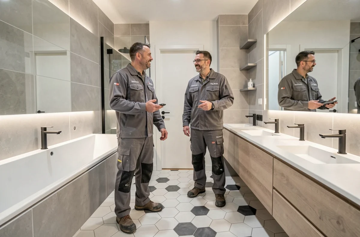 Équipe CA RENOVATION Toulouse dans une salle de bain moderne rénovée avec double vasque et carrelage hexagonal