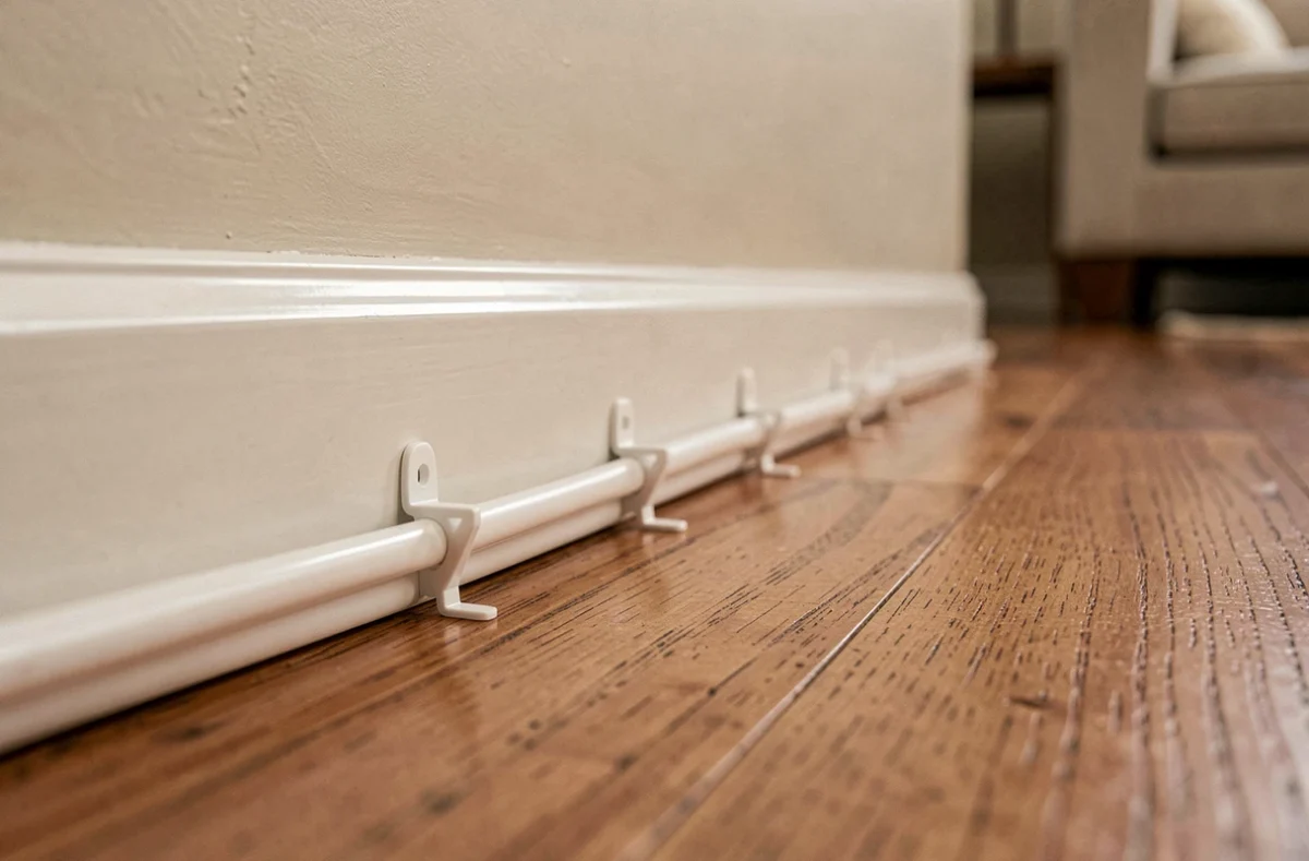 Câble coaxial TV fixé proprement le long de la plinthe avec des agrafes blanches