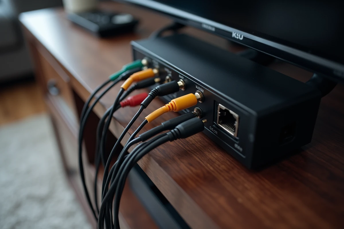 Vue rapprochée des câbles HDMI, coaxial et Ethernet branchés à l'arrière d'un décodeur TV et d'une box internet