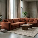 Grand canapé modulaire en tissu terracotta comme pièce maîtresse d'un séjour contemporain aux murs en béton