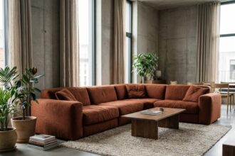 Grand canapé modulaire en tissu terracotta comme pièce maîtresse d'un séjour contemporain aux murs en béton