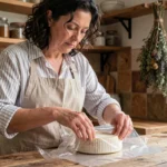 Femme emballant du fromage avec du cellophane alimentaire dans une cuisine rustique en bois